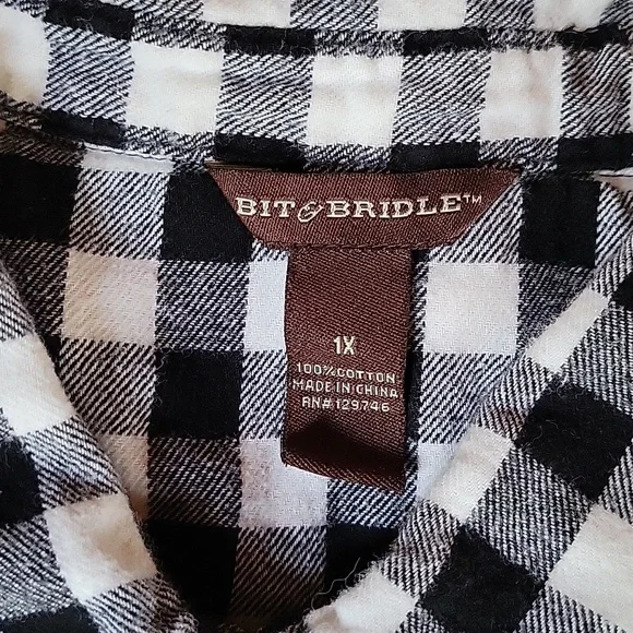 Bit & Bridle black/white checkered, long sleeve flannel, size 1X - Picture 2 of 7